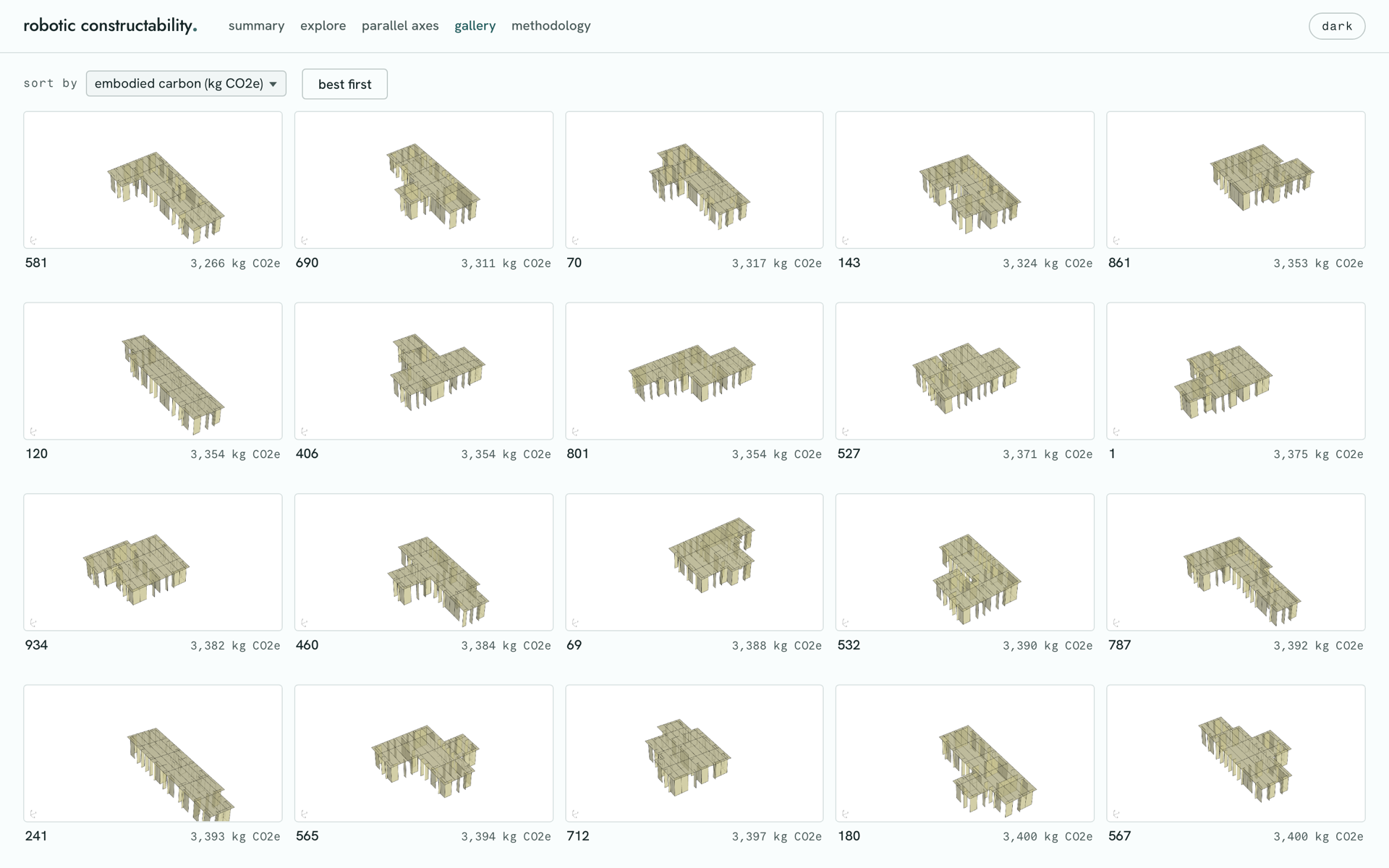 Gallery view: a grid of isometric CLT house renders sorted by embodied carbon